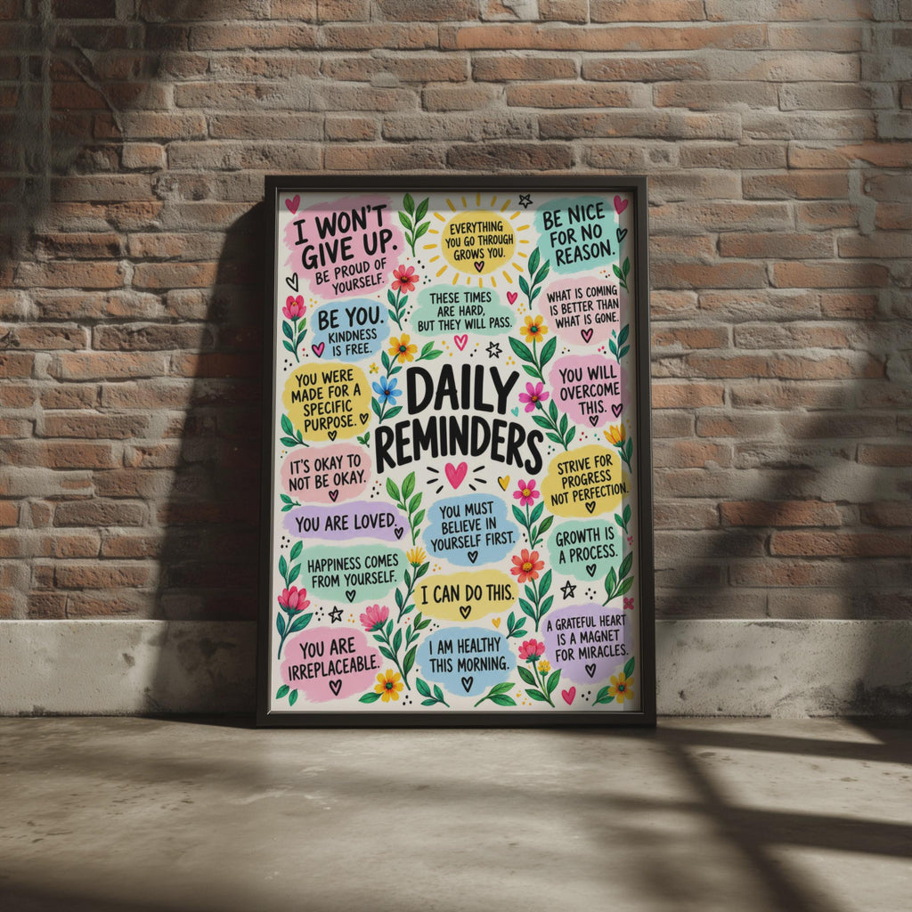 Daily Reminders Motivational Poster, Affirmations Wall Art, Mental Health Decor (Printed)