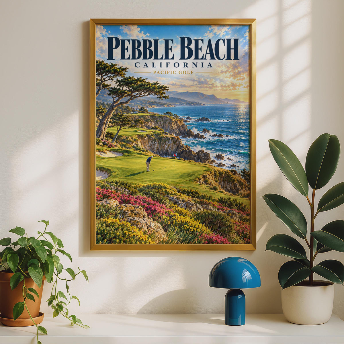 Pebble Beach California Golf Poster, Retro Travel Art, Cliffside Course (Physical Print)