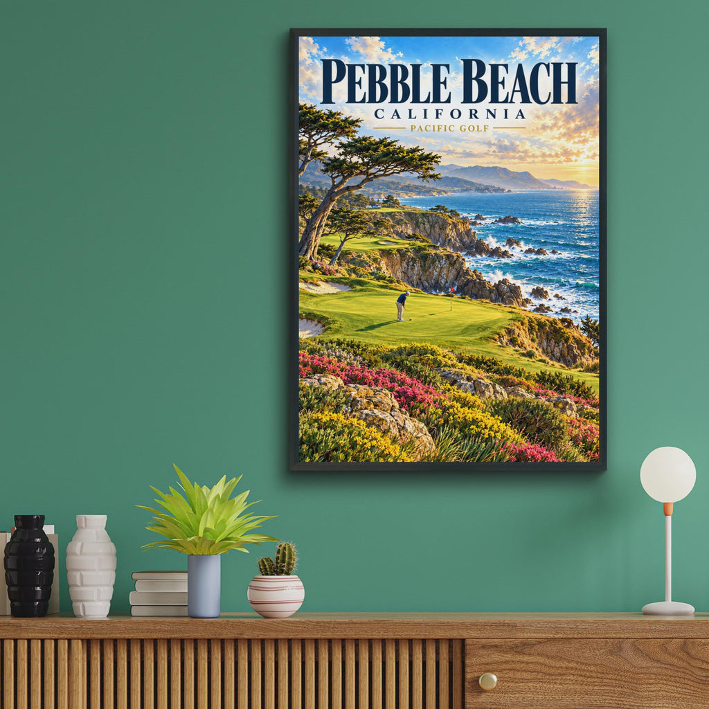 Pebble Beach California Golf Poster, Retro Travel Art, Cliffside Course (Physical Print)