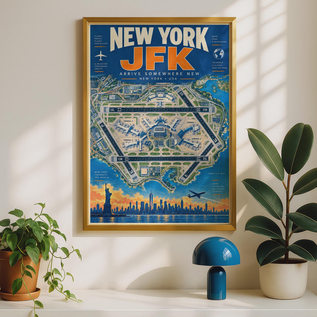 Retro JFK Airport Map Poster, NYC Skyline, Aviation Decor (Print)