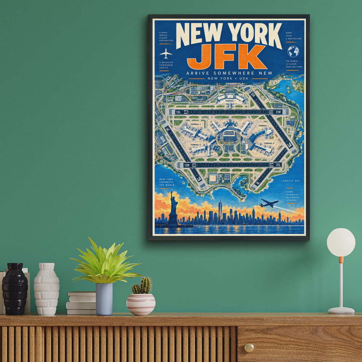 Retro JFK Airport Map Poster, NYC Skyline, Aviation Decor (Print)