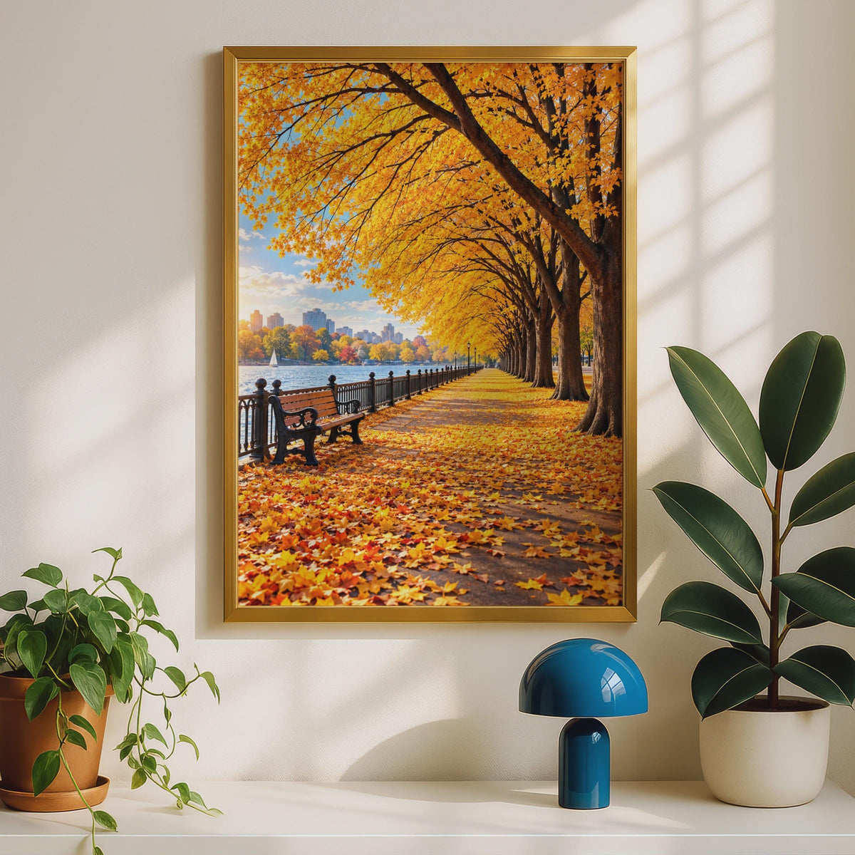 Autumn Promenade Wall Art, Golden Trees, Park Bench, Riverside Print (A4)