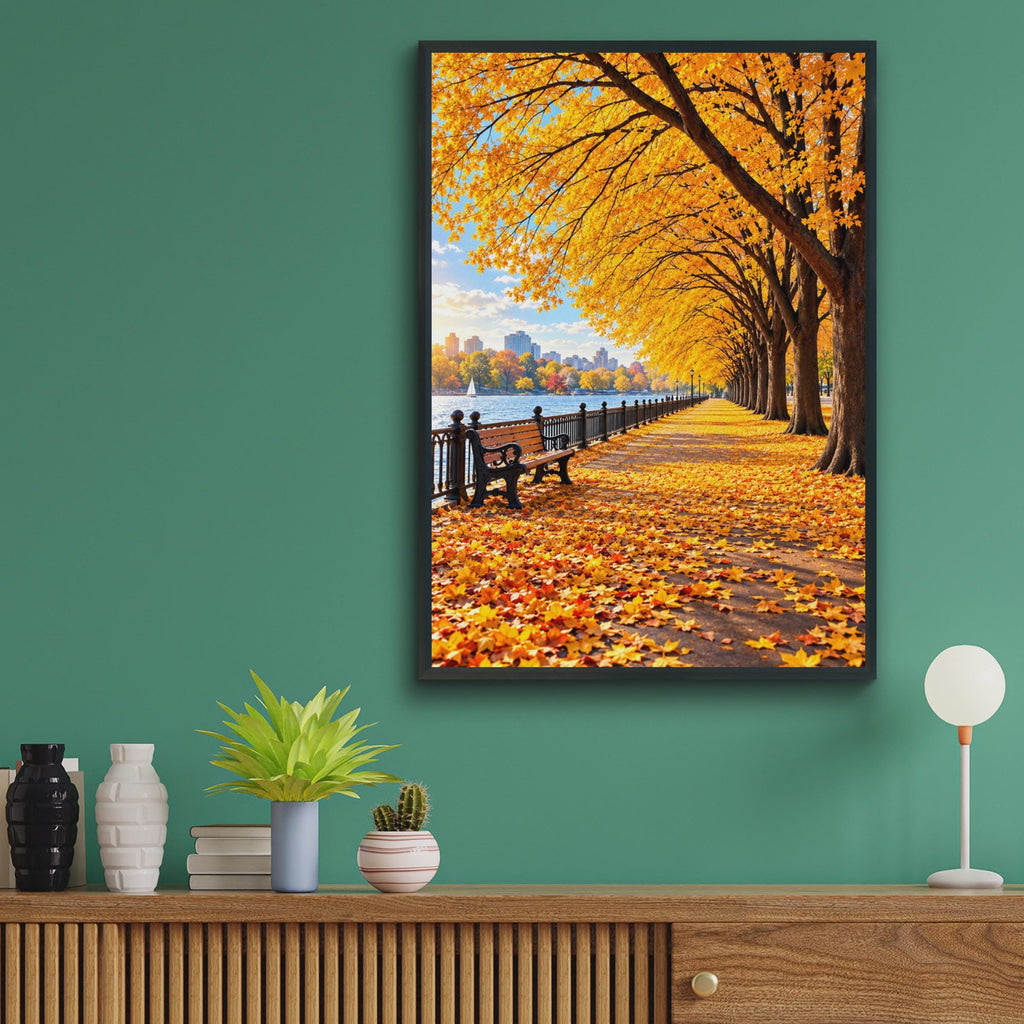 Autumn Promenade Wall Art, Golden Trees, Park Bench, Riverside Print (A4)