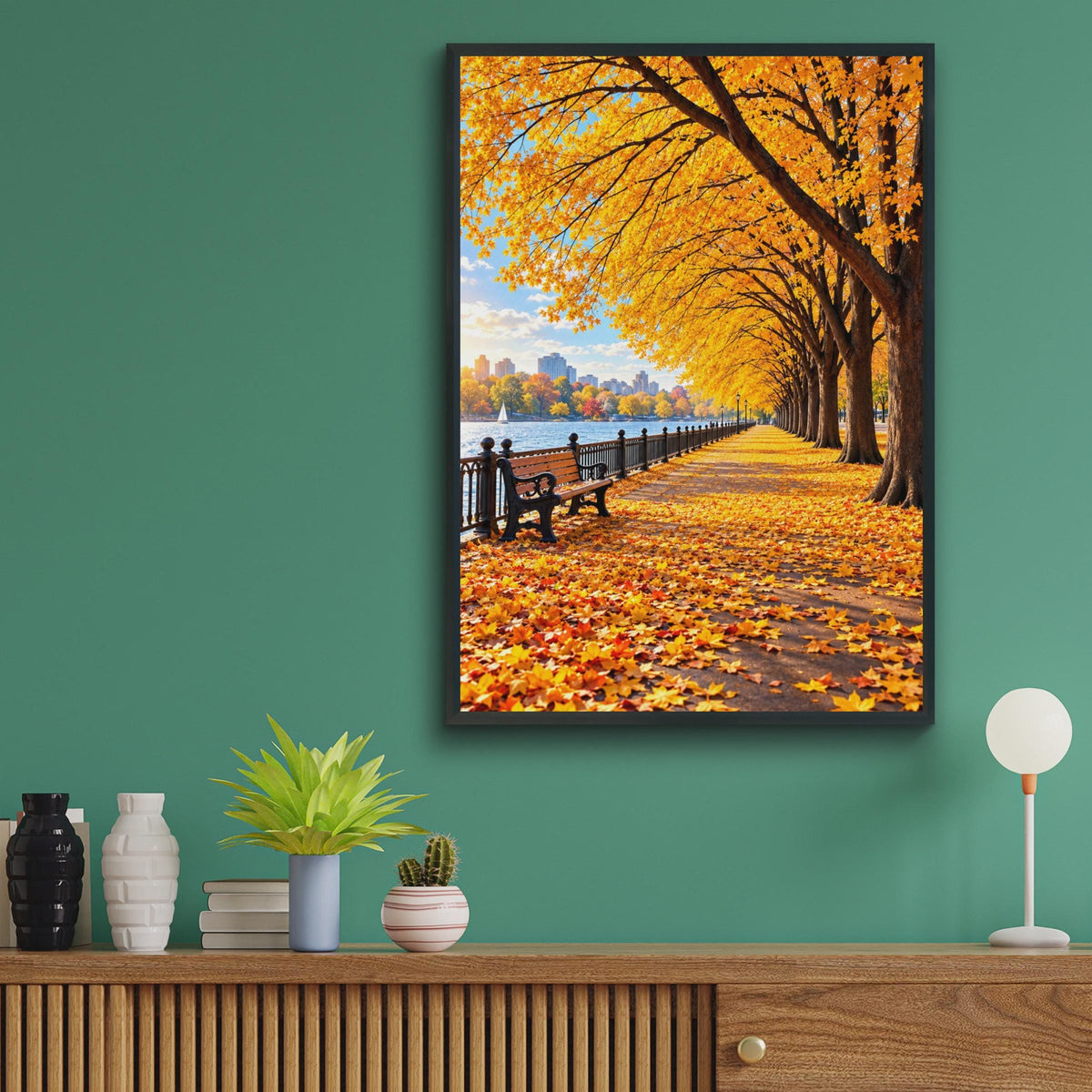 Autumn Promenade Wall Art, Golden Trees, Park Bench, Riverside Print (A4)