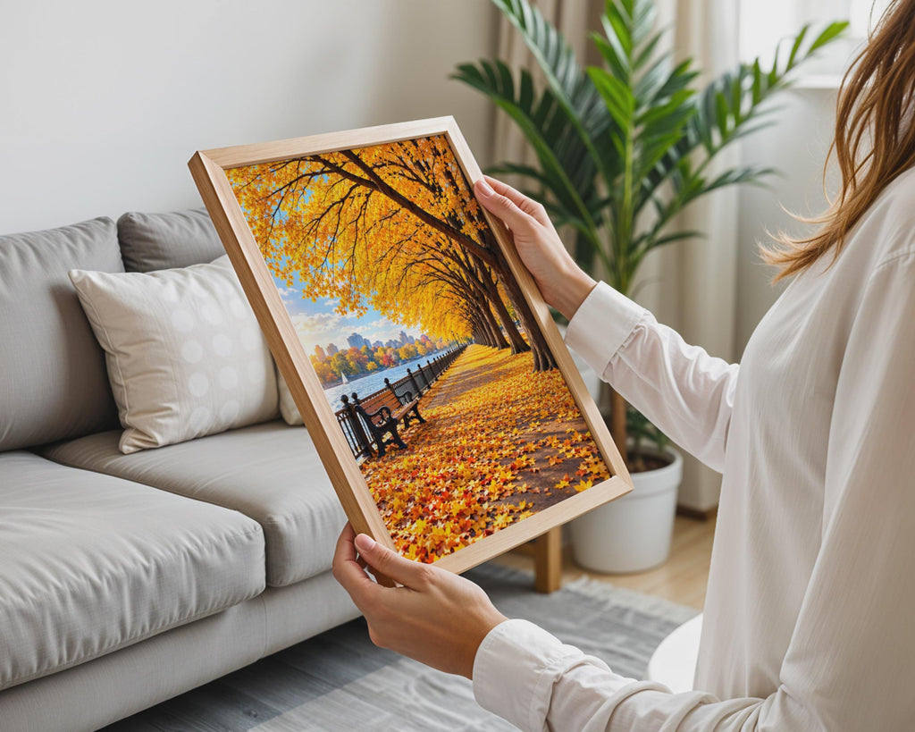Autumn Promenade Wall Art, Golden Trees, Park Bench, Riverside Print (A4)