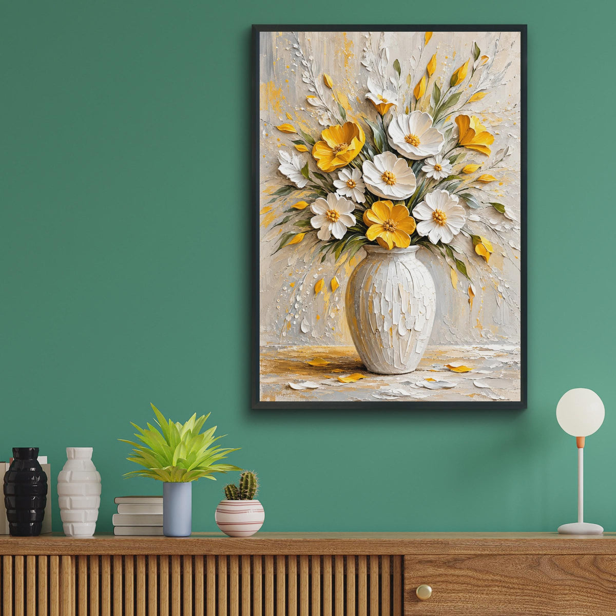 Palette Knife Floral Vase Print, Textured White Yellow Bouquet Art (A4 Poster)