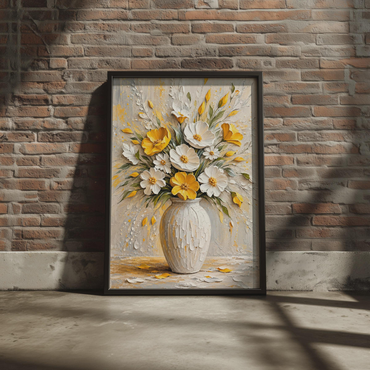 Palette Knife Floral Vase Print, Textured White Yellow Bouquet Art (A4 Poster)