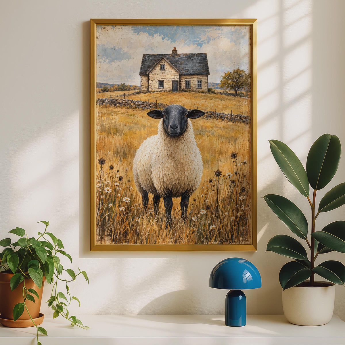Black Faced Sheep Farmhouse Print, Rustic Country Wall Art, Vintage Farm Poster (A4)