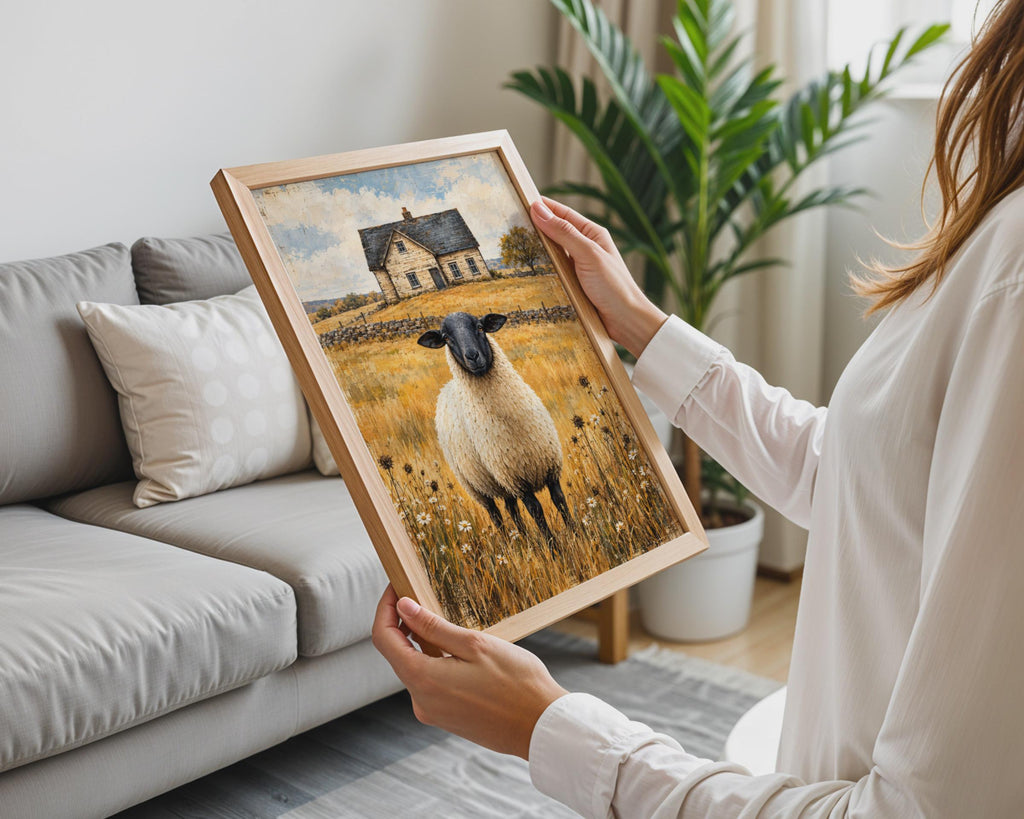 Black Faced Sheep Farmhouse Print, Rustic Country Wall Art, Vintage Farm Poster (A4)