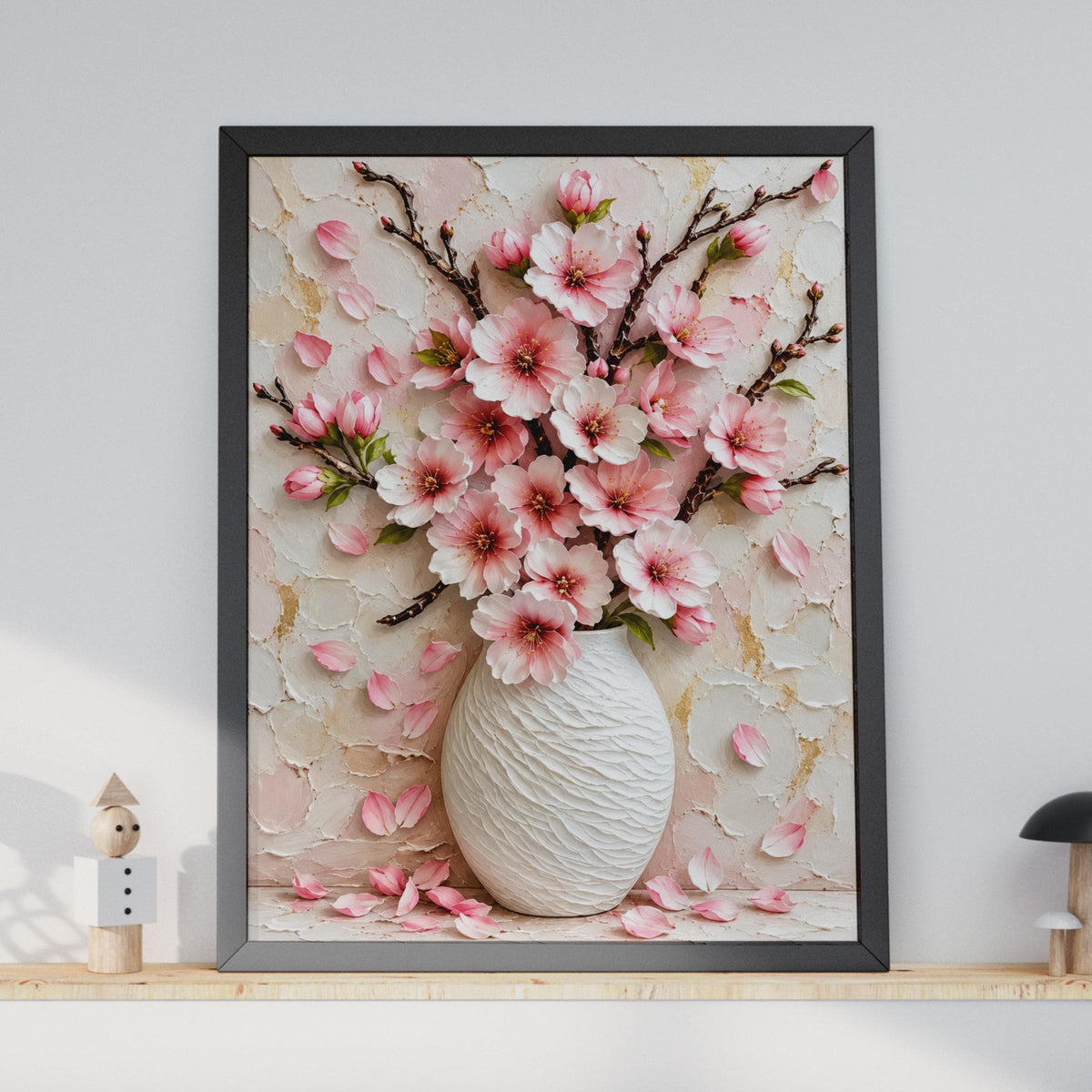 Pink Blossom Vase Wall Art Print, Cherry Blossom Floral Painting (A4)