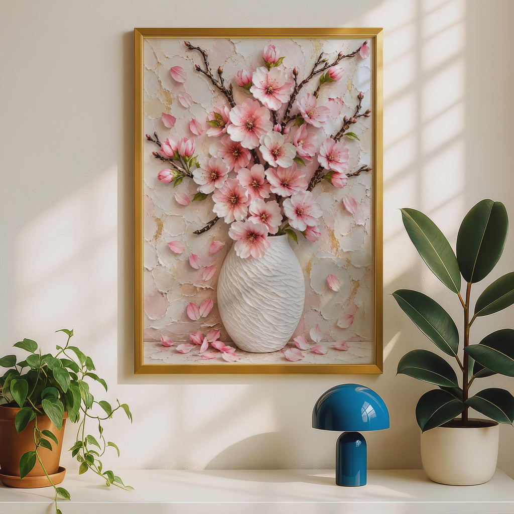 Pink Blossom Vase Wall Art Print, Cherry Blossom Floral Painting (A4)