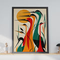 Mid-Century Modern Heron Print, Bold Teal Red Orange Birds, Nature Wall Art (Physical Poster)