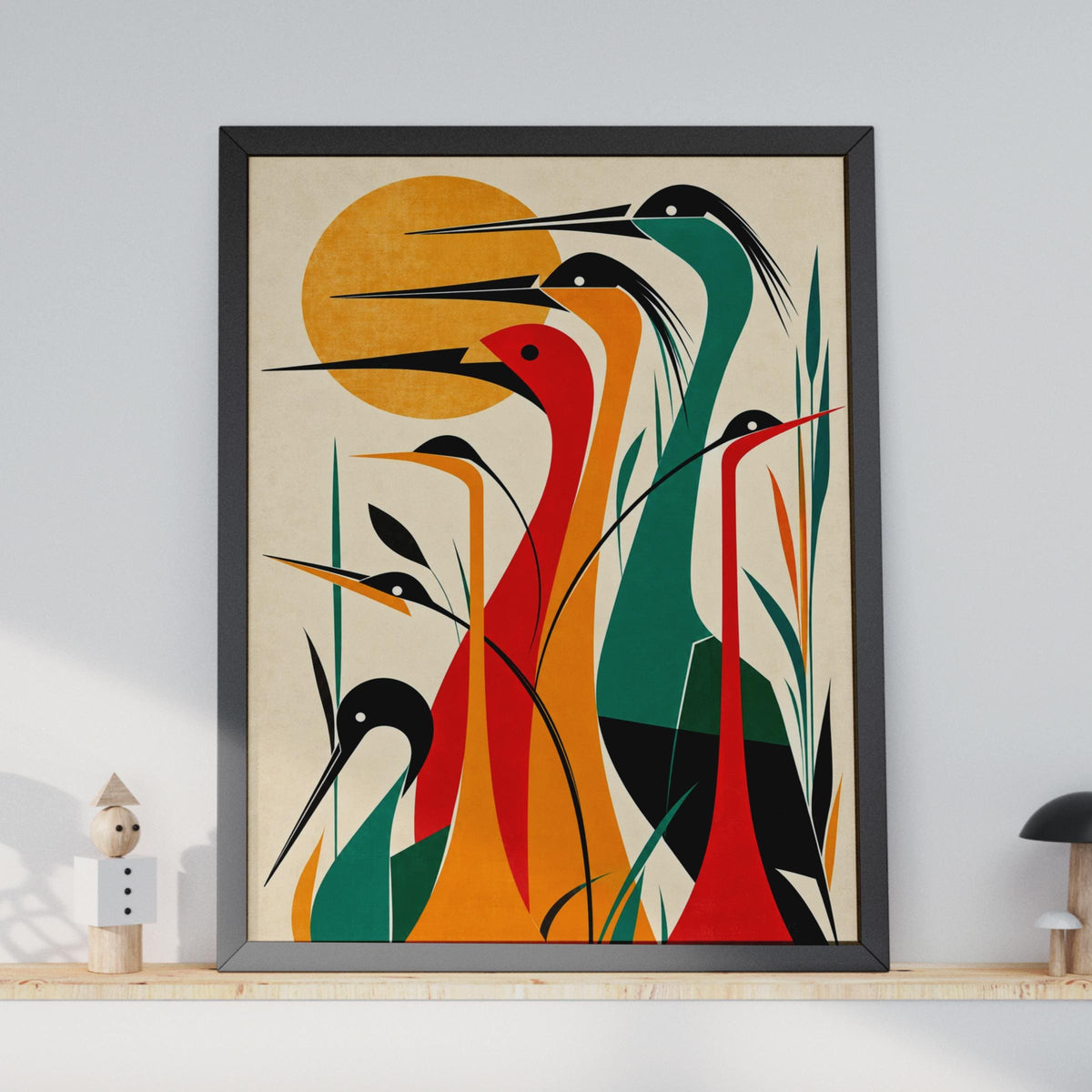 Mid-Century Modern Heron Print, Bold Teal Red Orange Birds, Nature Wall Art (Physical Poster)