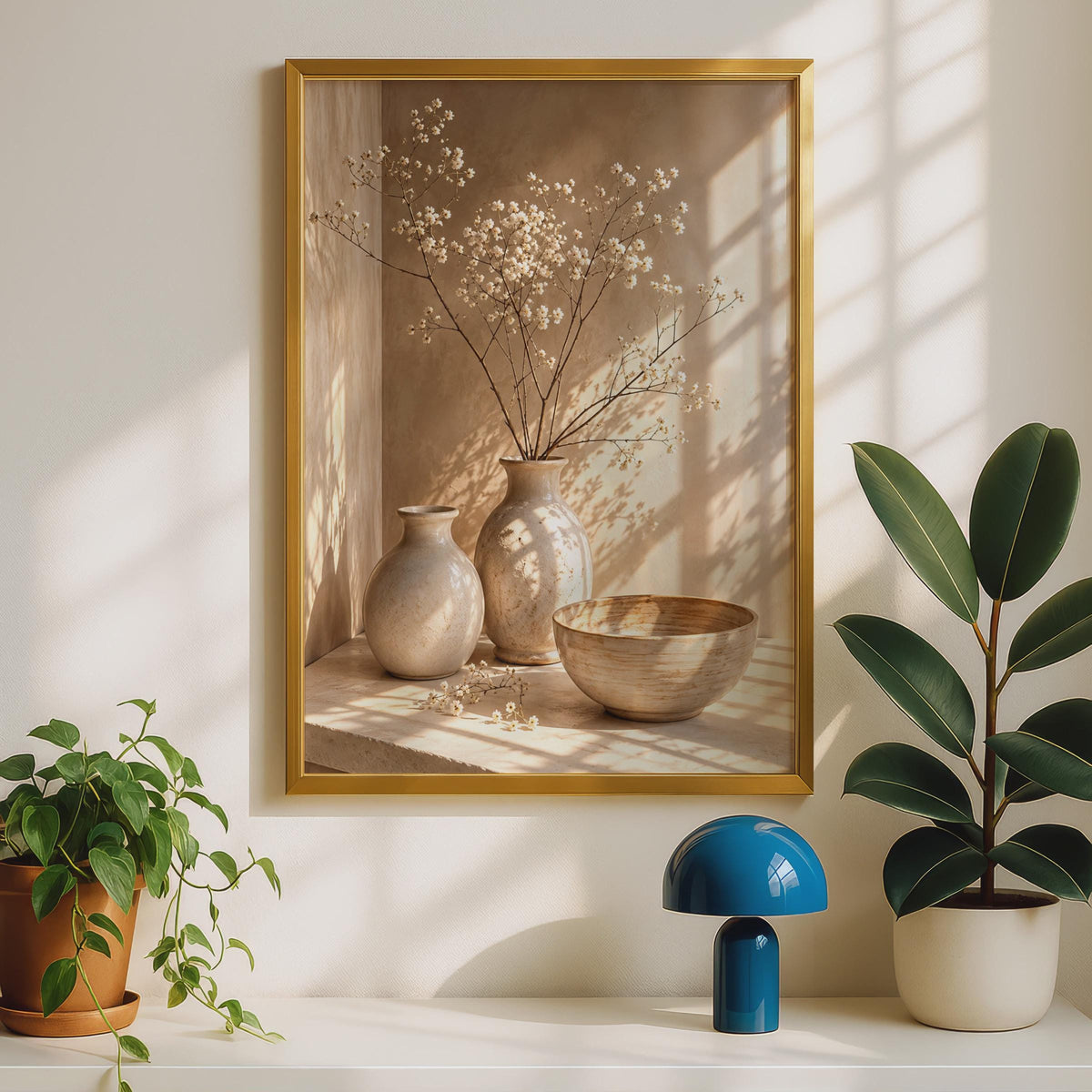 Sunlit Ceramic Vase Still Life Print, Neutral Botanical Wall Art (Physical Poster)