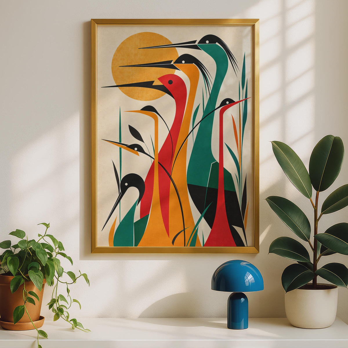 Mid-Century Modern Heron Print, Bold Teal Red Orange Birds, Nature Wall Art (Physical Poster)