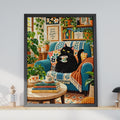 Cozy Black Cat Coffee Poster, Botanical Living Room Art, Boho Home Decor
