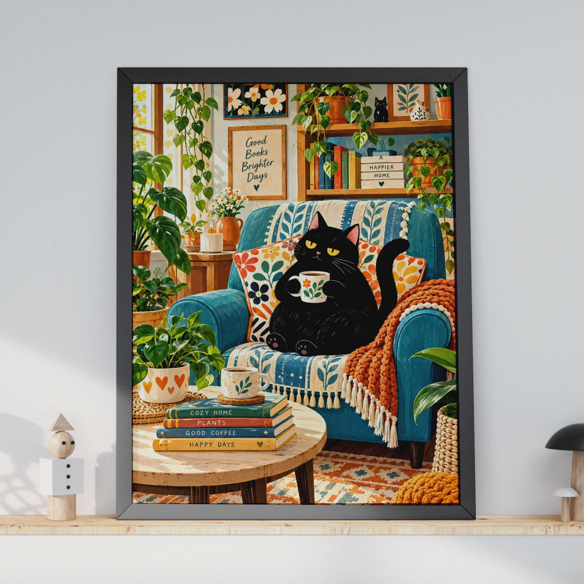 Cozy Black Cat Coffee Poster, Botanical Living Room Art, Boho Home Decor