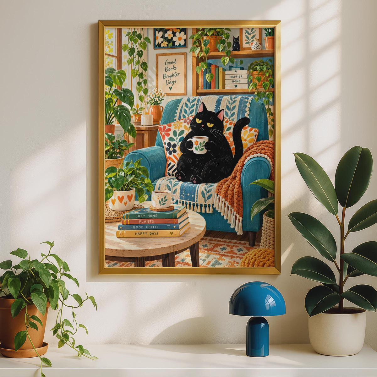Cozy Black Cat Coffee Poster, Botanical Living Room Art, Boho Home Decor