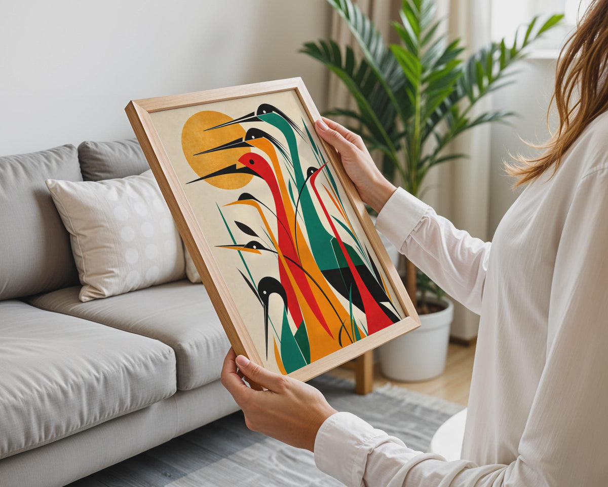 Mid-Century Modern Heron Print, Bold Teal Red Orange Birds, Nature Wall Art (Physical Poster)