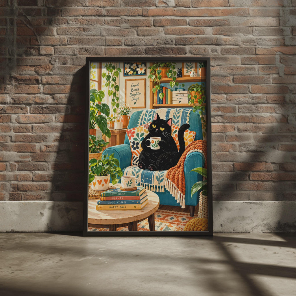 Cozy Black Cat Coffee Poster, Botanical Living Room Art, Boho Home Decor