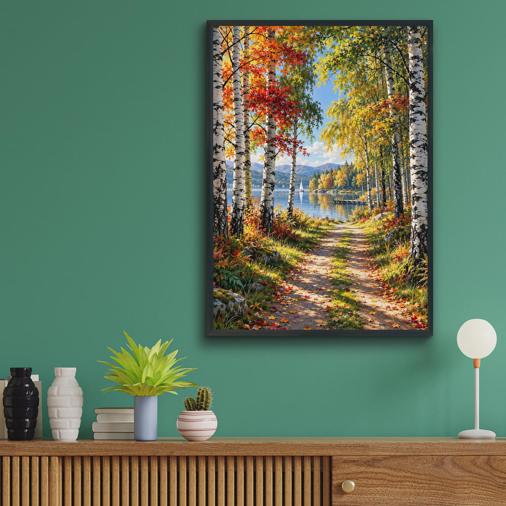 Autumn Birch Lake Print, Fall Forest Path, Woodland Landscape (Ready to Frame)