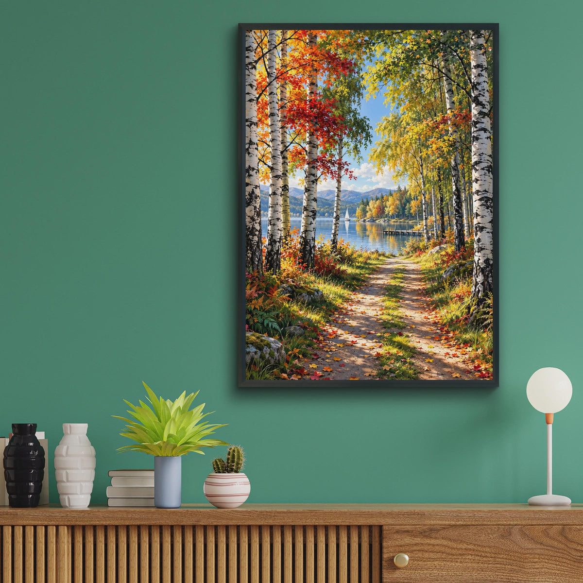 Autumn Birch Lake Print, Fall Forest Path, Woodland Landscape (Ready to Frame)