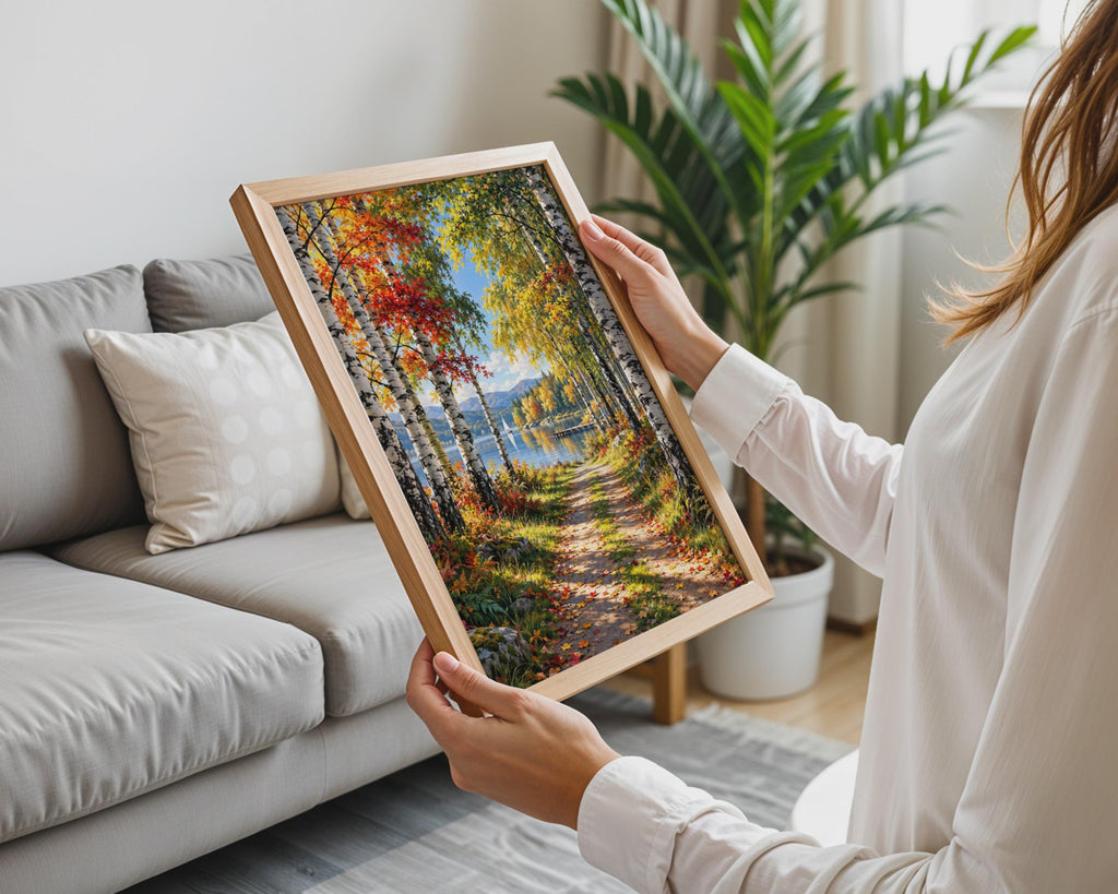 Autumn Birch Lake Print, Fall Forest Path, Woodland Landscape (Ready to Frame)