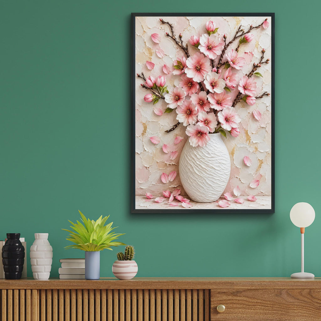 Pink Blossom Vase Wall Art Print, Cherry Blossom Floral Painting (A4)