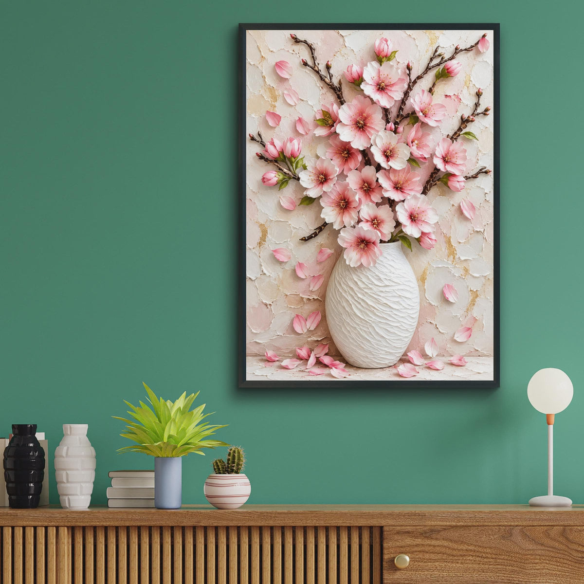 Pink Blossom Vase Wall Art Print, Cherry Blossom Floral Painting (A4)