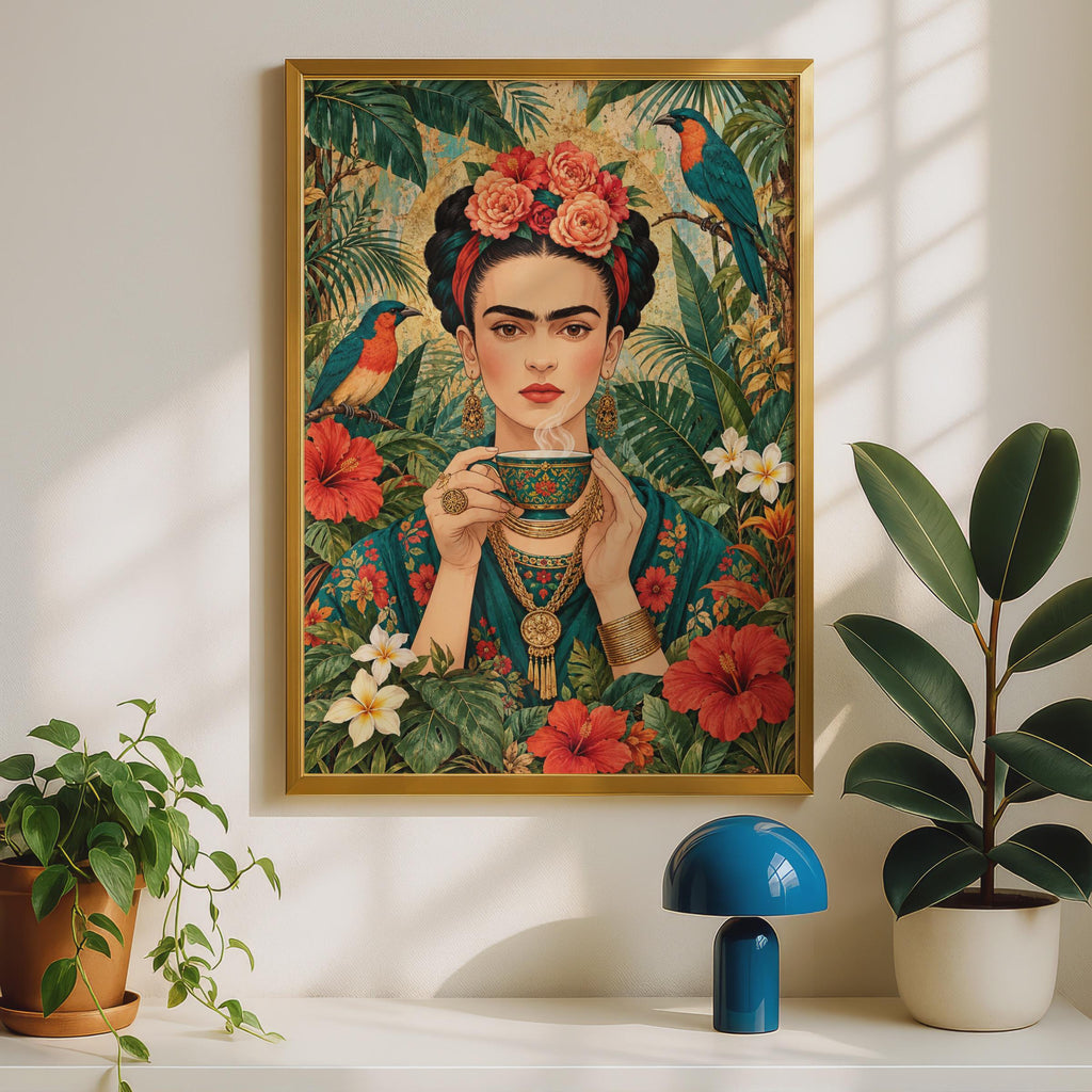 Tropical Floral Portrait Poster, Mexican Folk Art, Boho Woman, Jungle Birds, Hibiscus (Printed Poster)