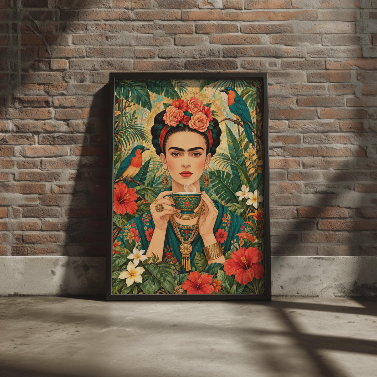 Tropical Floral Portrait Poster, Mexican Folk Art, Boho Woman, Jungle Birds, Hibiscus (Printed Poster)