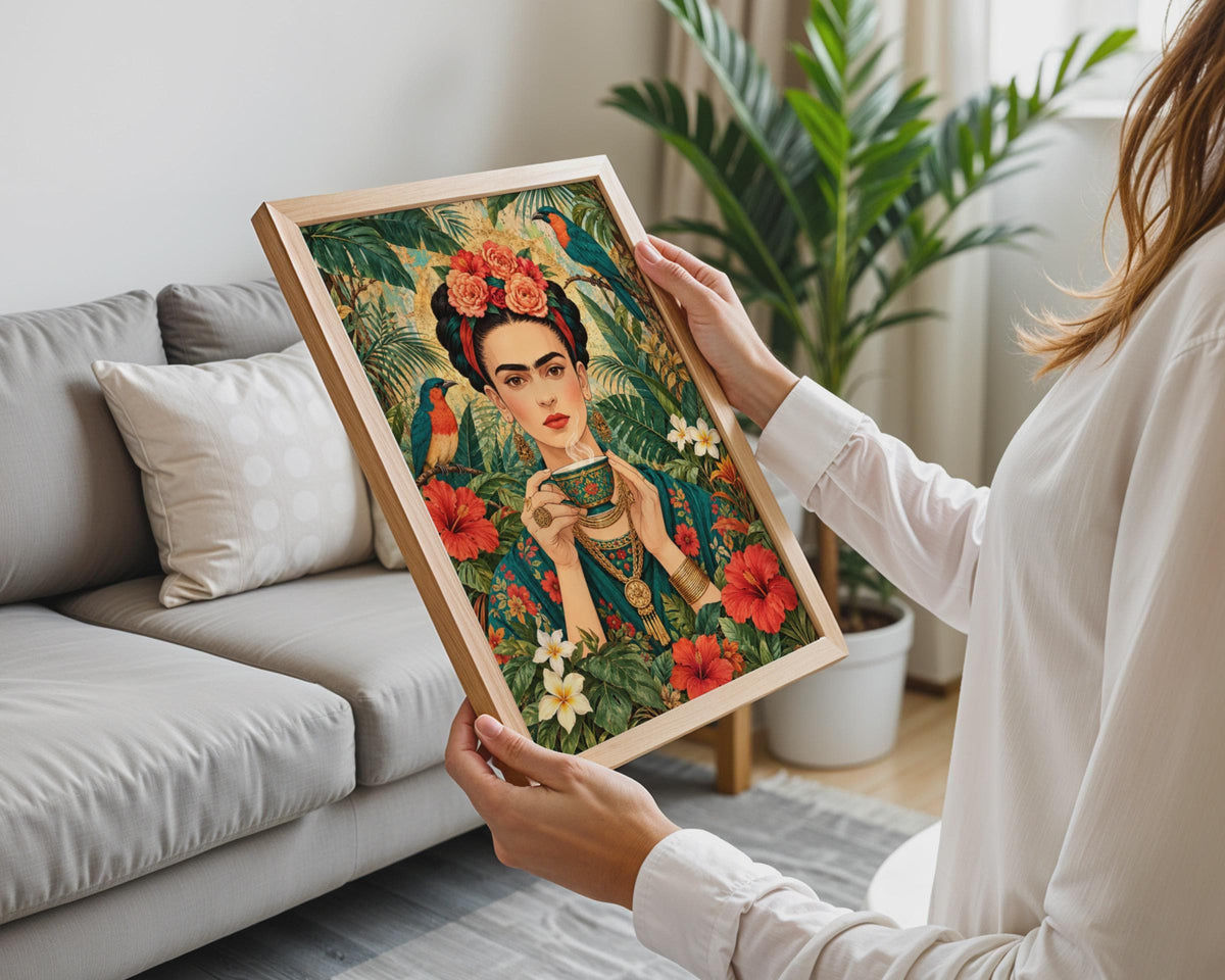 Tropical Floral Portrait Poster, Mexican Folk Art, Boho Woman, Jungle Birds, Hibiscus (Printed Poster)