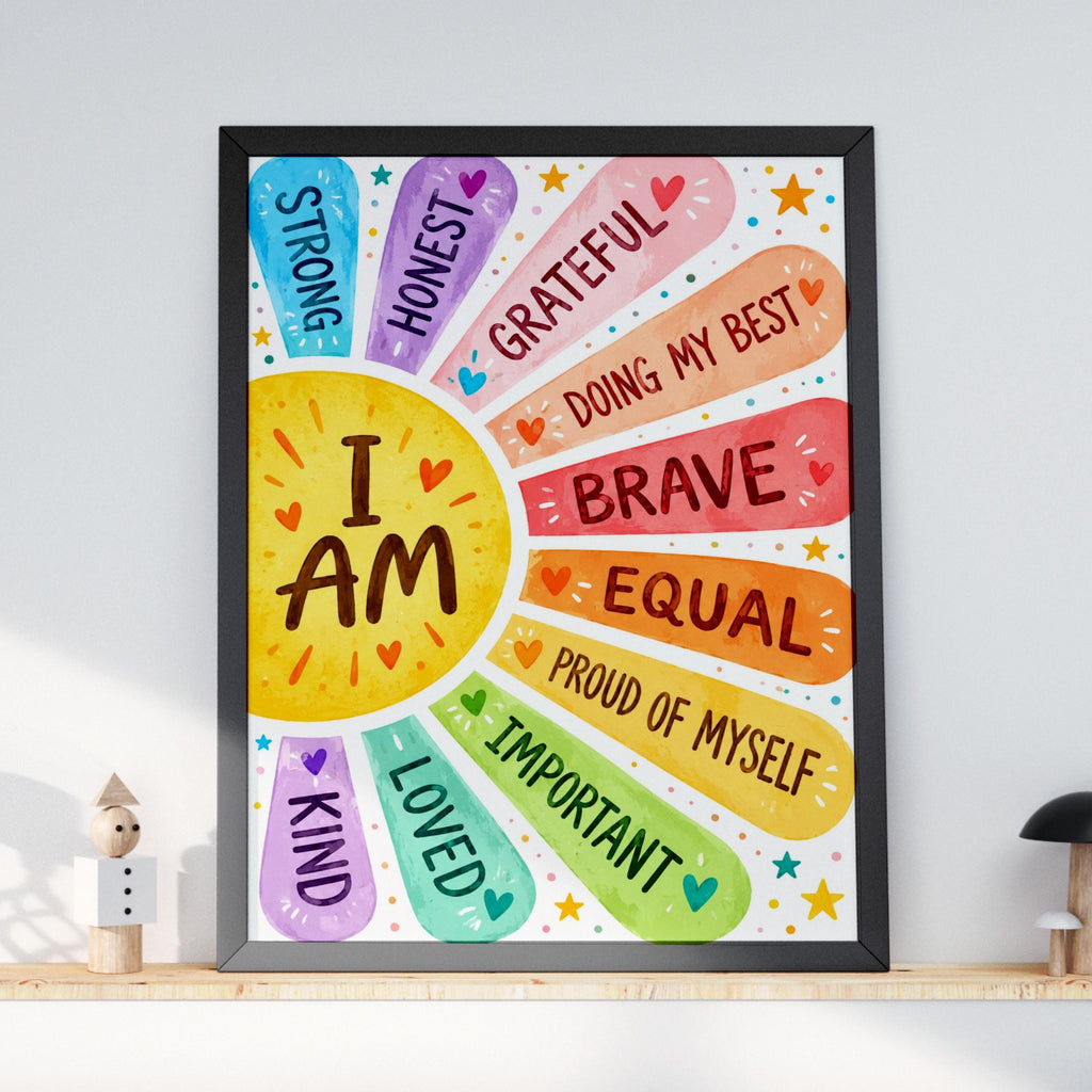 I Am Affirmations Print, Rainbow Sun Wall Art, Kids Bedroom Decor (Watercolor Style)