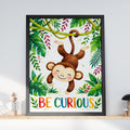 Be Curious Monkey Jungle Wall Art, Watercolour Nursery Print, Tropical Kids Room Decor
