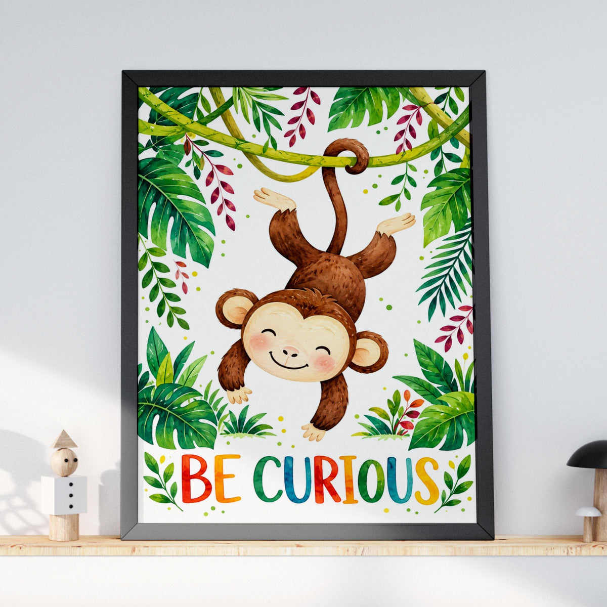 Be Curious Monkey Jungle Wall Art, Watercolour Nursery Print, Tropical Kids Room Decor