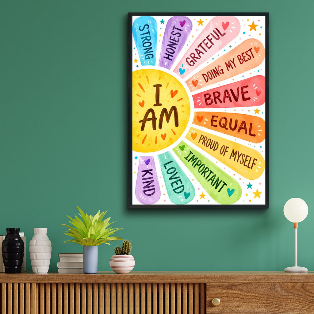 I Am Affirmations Print, Rainbow Sun Wall Art, Kids Bedroom Decor (Watercolor Style)