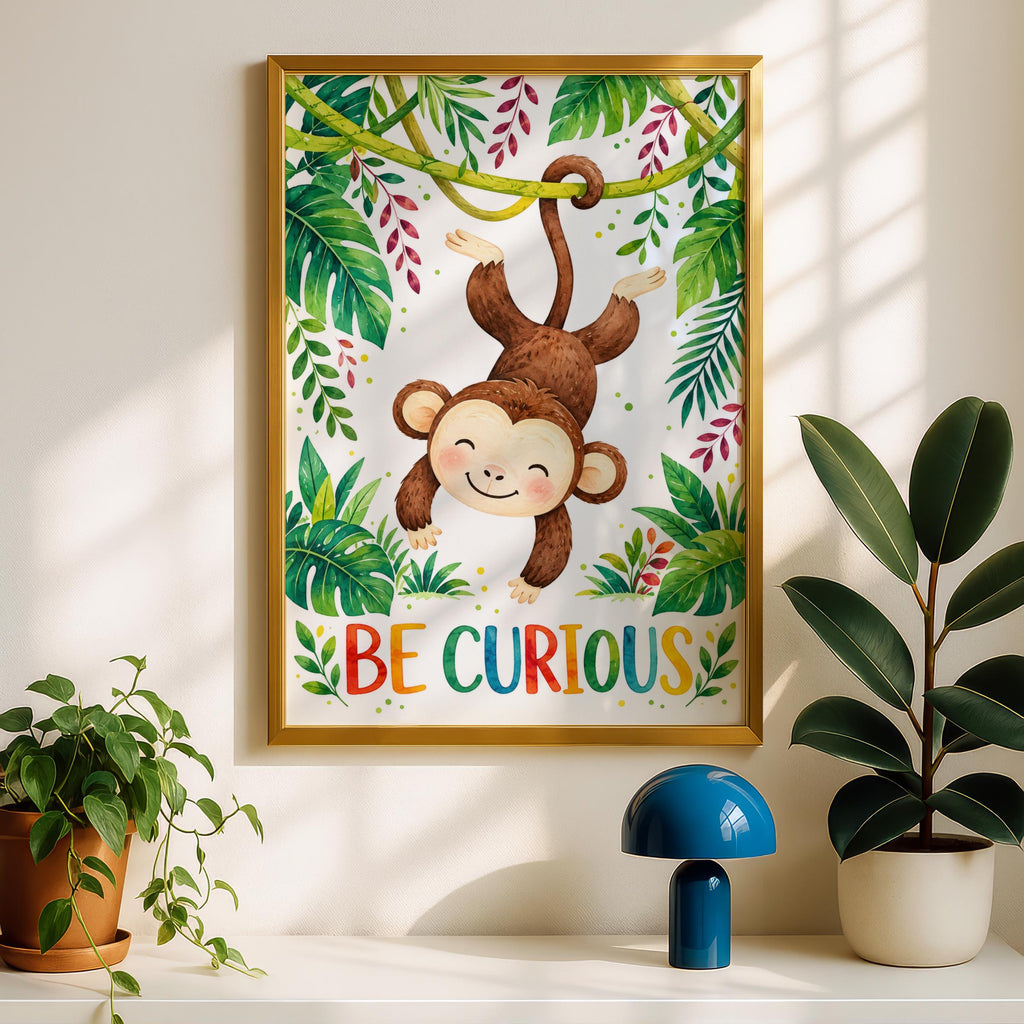 Be Curious Monkey Jungle Wall Art, Watercolour Nursery Print, Tropical Kids Room Decor
