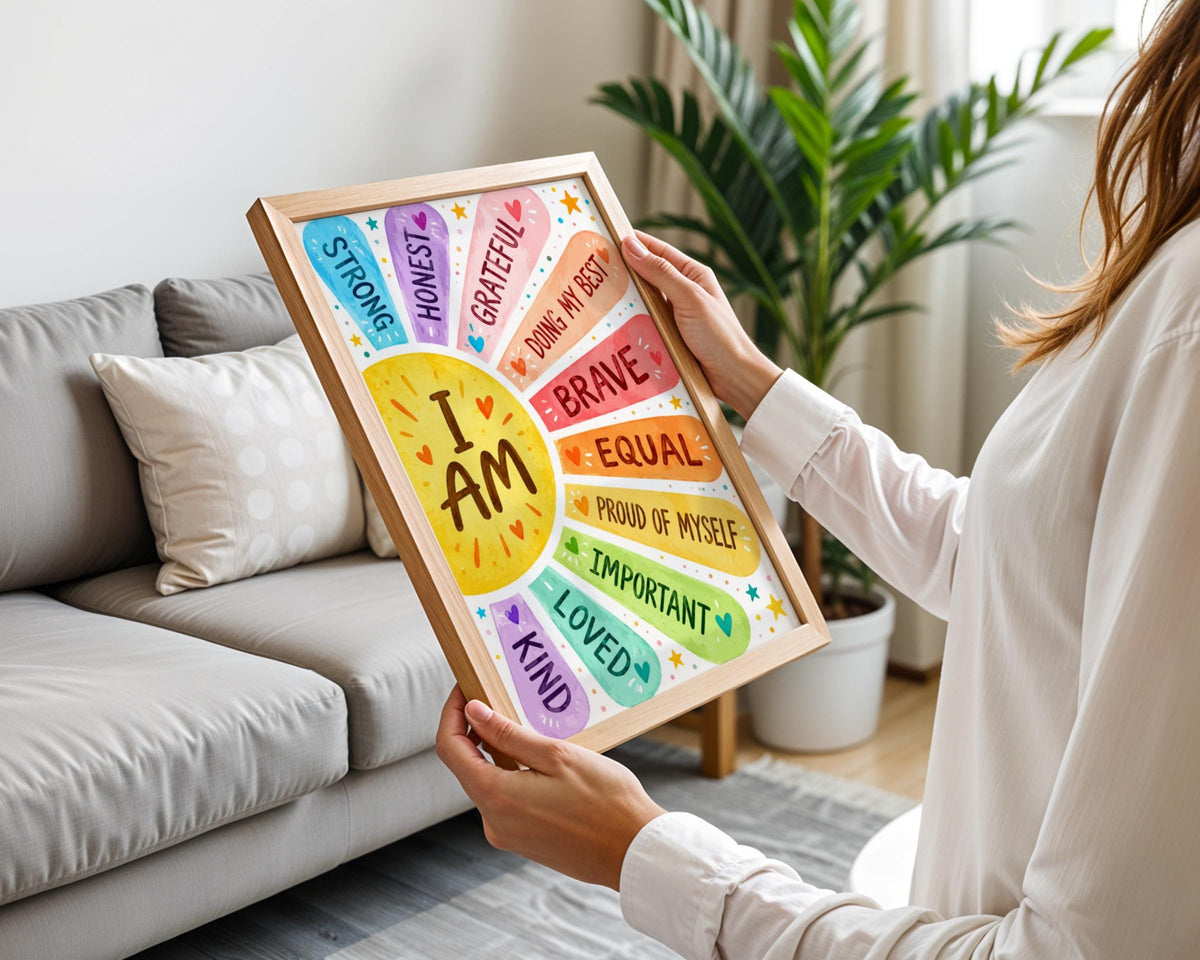 I Am Affirmations Print, Rainbow Sun Wall Art, Kids Bedroom Decor (Watercolor Style)