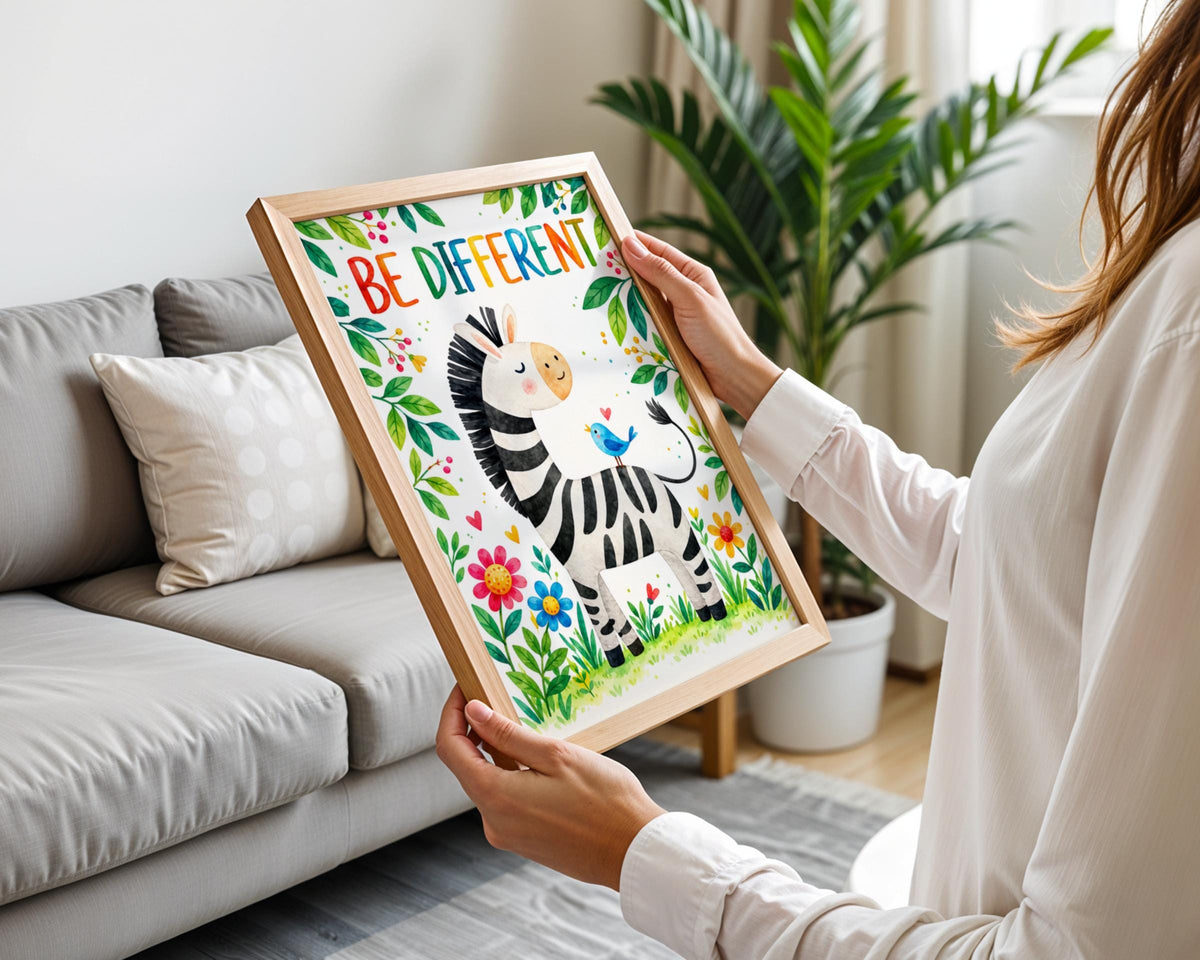Be Different Zebra Print, Watercolor Nursery Art, Inspirational Kids Quote Poster