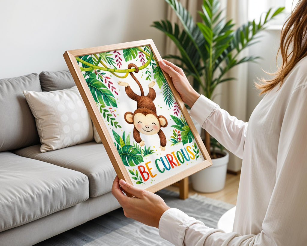 Be Curious Monkey Jungle Wall Art, Watercolour Nursery Print, Tropical Kids Room Decor