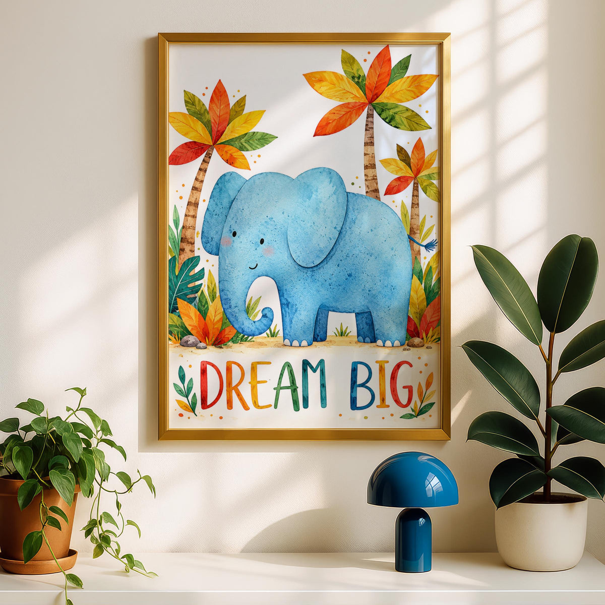 Dream Big Elephant Nursery Print, Watercolour Jungle Animal Wall Art (Digital Download)