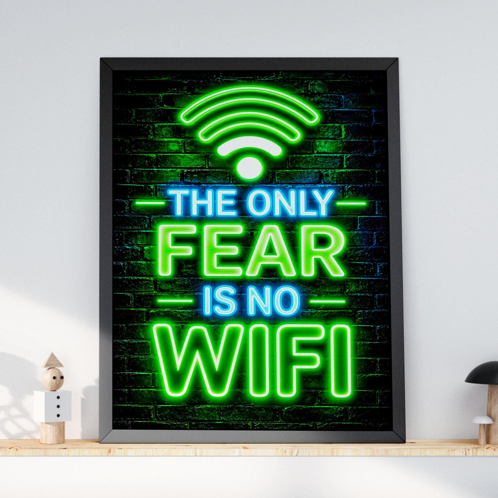 Funny Neon Wifi Quote Poster, Gaming Room Wall Art, Green Blue Brick Background
