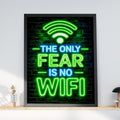 Funny Neon Wifi Quote Poster, Gaming Room Wall Art, Green Blue Brick Background