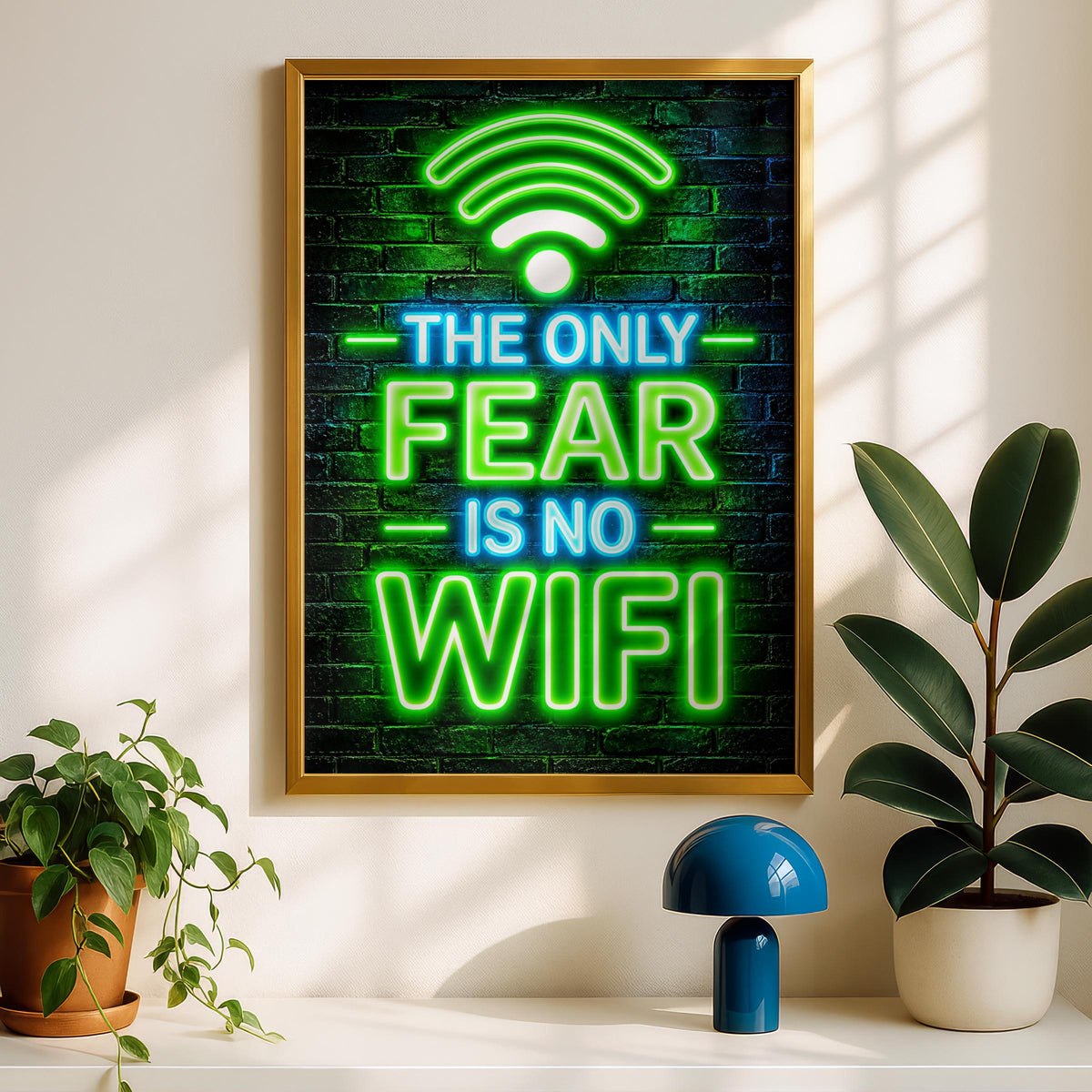 Funny Neon Wifi Quote Poster, Gaming Room Wall Art, Green Blue Brick Background