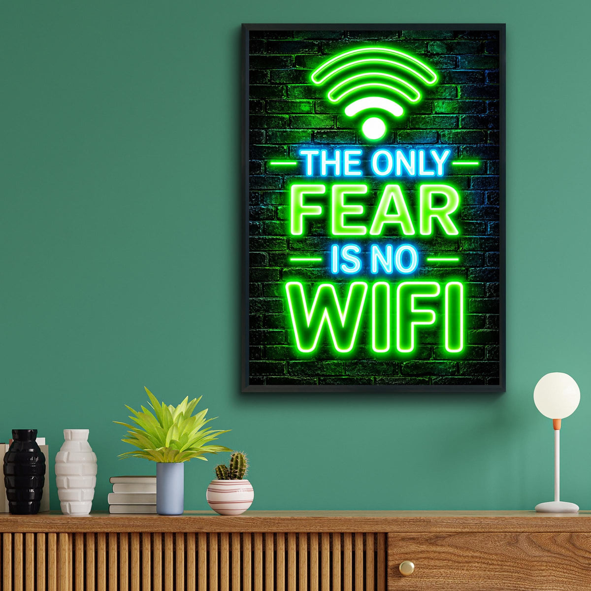 Funny Neon Wifi Quote Poster, Gaming Room Wall Art, Green Blue Brick Background