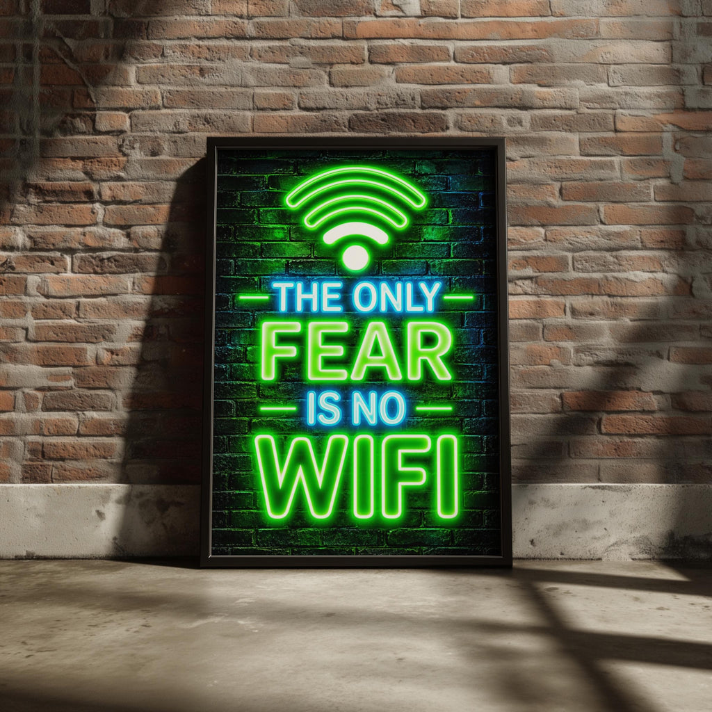 Funny Neon Wifi Quote Poster, Gaming Room Wall Art, Green Blue Brick Background