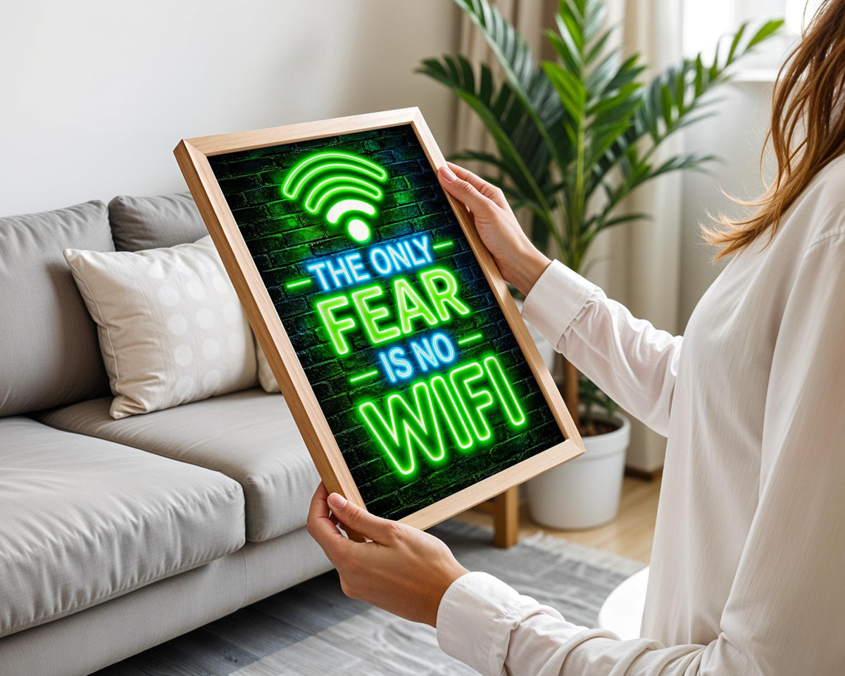 Funny Neon Wifi Quote Poster, Gaming Room Wall Art, Green Blue Brick Background
