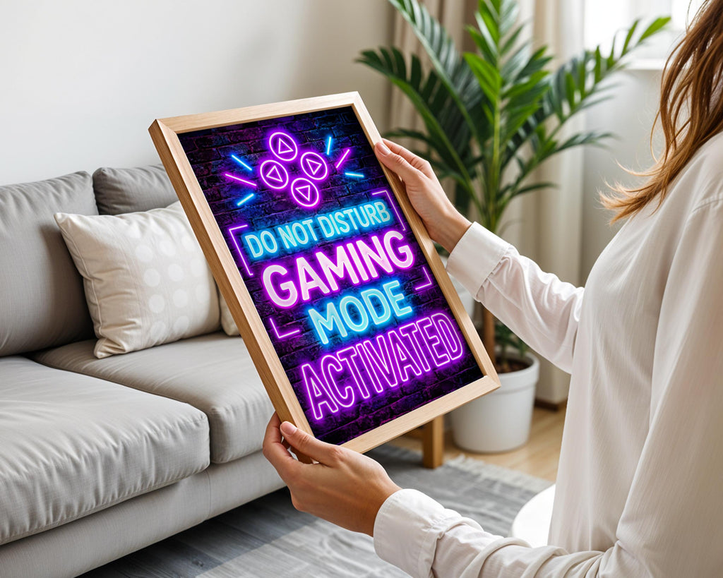 Neon Gaming Mode Activated Poster, Purple Blue Gamer Wall Art (Printed)