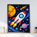 Space Rocket Kids Wall Art, Colorful Galaxy Poster, Planets Stars (Print)
