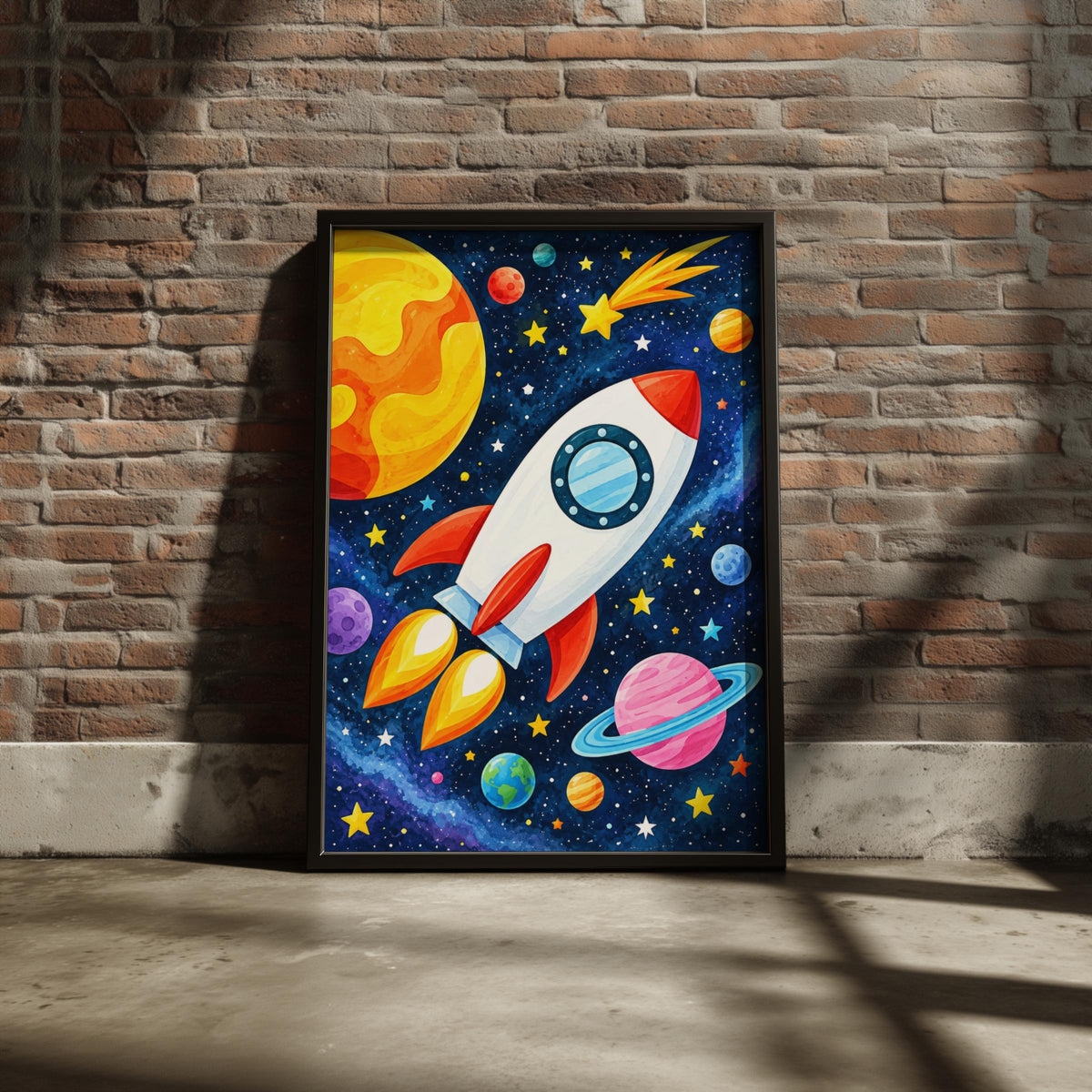 Space Rocket Kids Wall Art, Colorful Galaxy Poster, Planets Stars (Print)